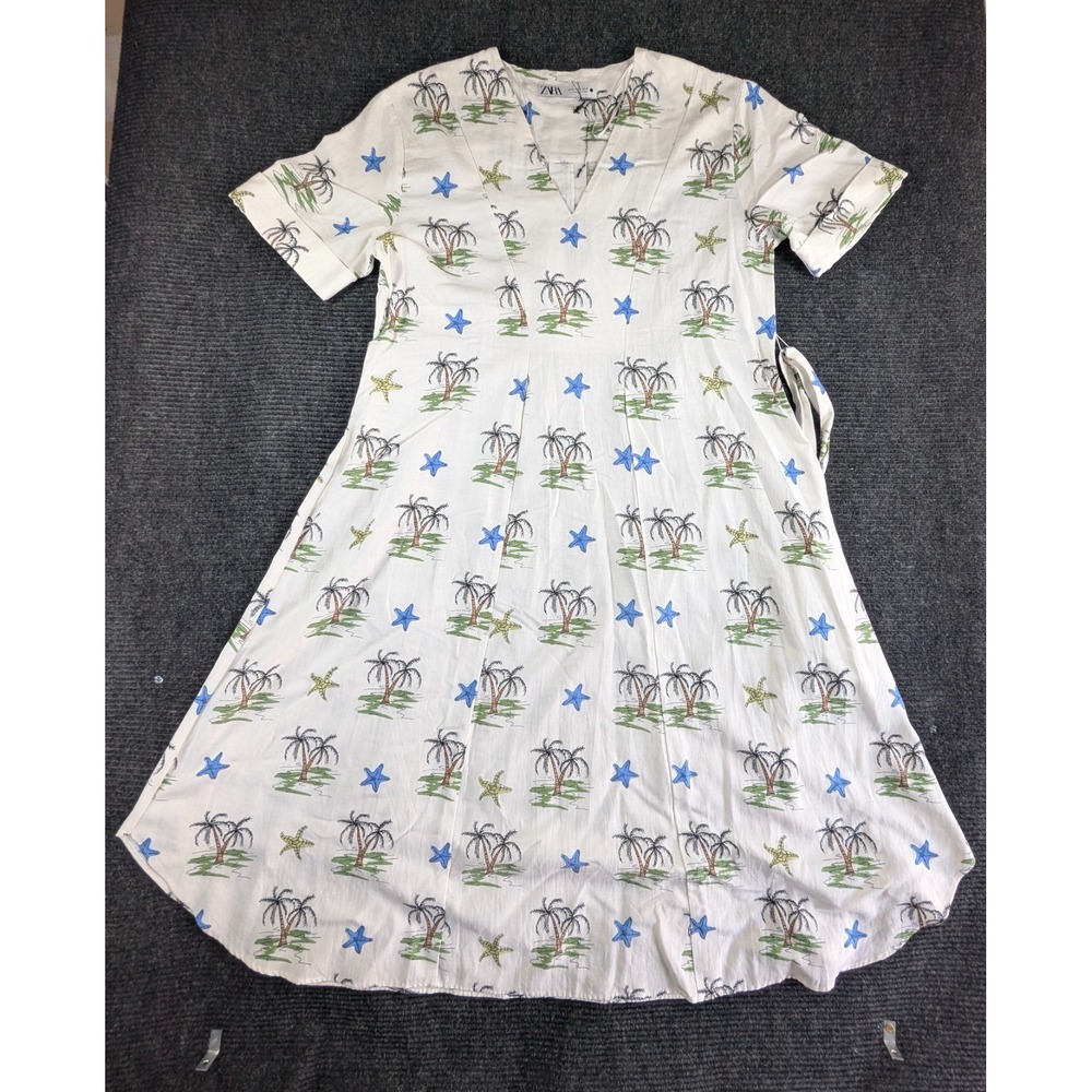 Zara A Line Dress Womens XL White Palm Print Short Sleeve Tie Waist V Neck